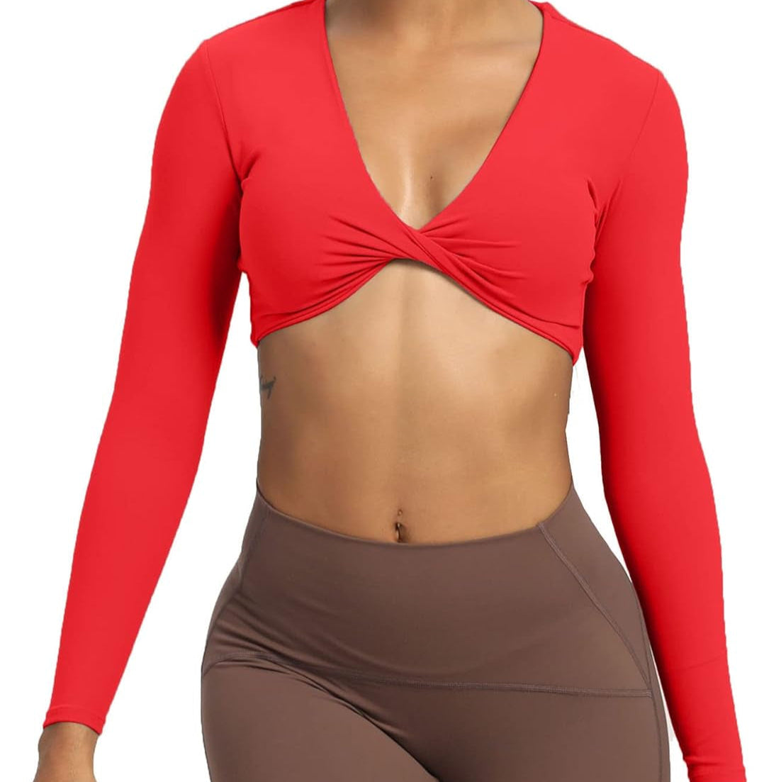 Long Sleeve Crop Tops for Women Sienna Twist Deep V Workout Crop T Shirt Top