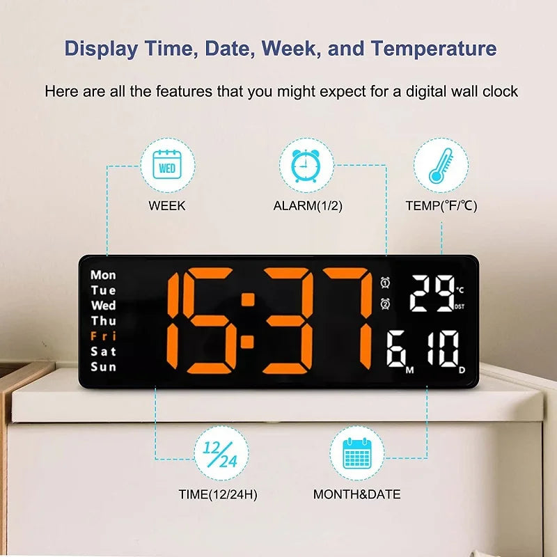 Large Digital Wall Clock with Remote, Temp, Date, Week Display, Timer, Dual Alarms, LED - Ascend Activewear