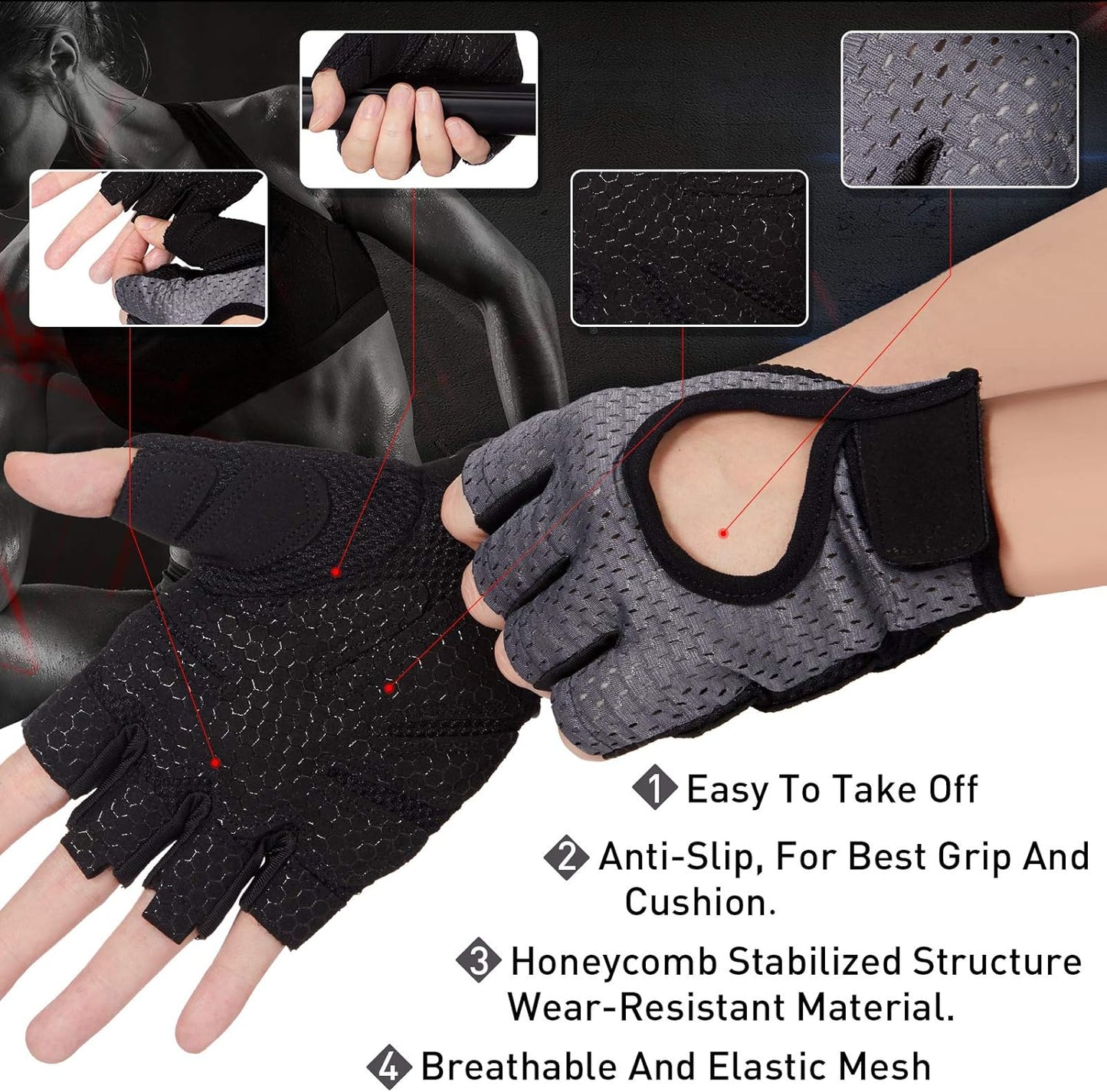 2 Pairs Workout Gloves Women Adjustable Weight Lifting Gloves Gym Exercise Workout Gloves Breathable Training Gloves for Men and Women Fitness, Biking, Pull Up, Cycling