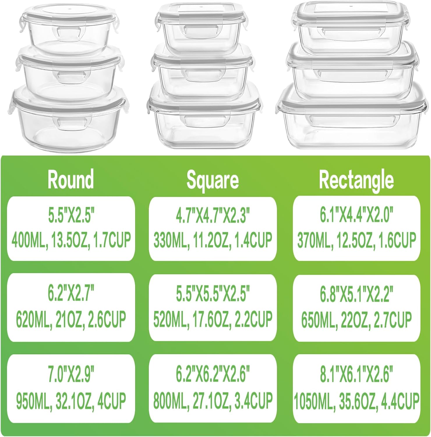 Glass Food Storage Containers with Lids, [18 Piece] Glass Meal Prep Containers, Airtight Glass Lunch Bento Boxes, Bpa-Free & Leak Proof (9 Lids & 9 Containers) - Grey
