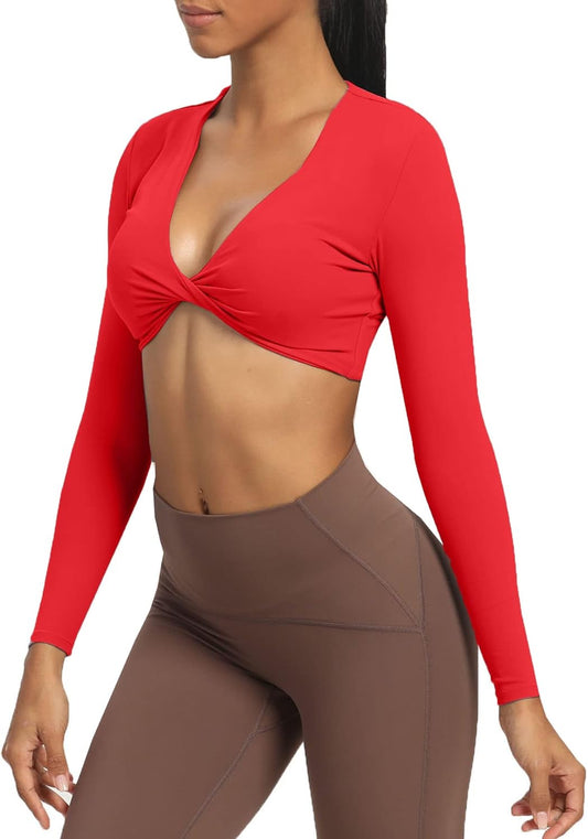 Long Sleeve Crop Tops for Women Sienna Twist Deep V Workout Crop T Shirt Top