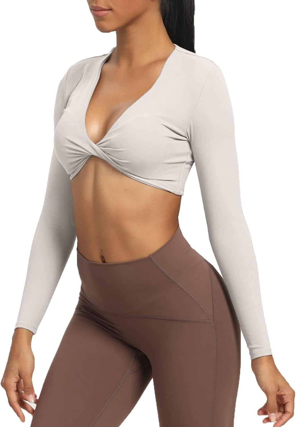 Long Sleeve Crop Tops for Women Sienna Twist Deep V Workout Crop T Shirt Top