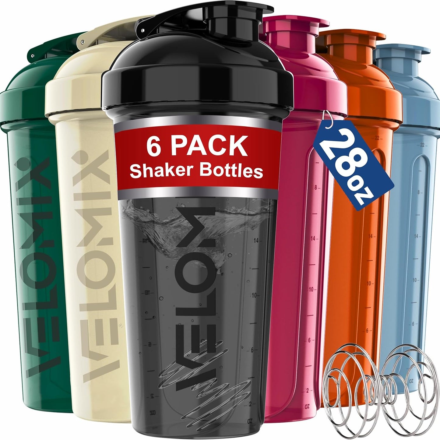 -6 PACK- Shaker Cups for Protein Shakes 28 Oz - 6X Wire Whisk | Leak Proof Protein Shaker Bottle for Protein Shakes, Shaker Bottle Pack for Pre & Post Workout, Shaker Cup, Shaker Bottle Cups