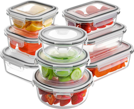 Glass Food Storage Containers with Lids, [18 Piece] Glass Meal Prep Containers, Airtight Glass Lunch Bento Boxes, Bpa-Free & Leak Proof (9 Lids & 9 Containers) - Grey