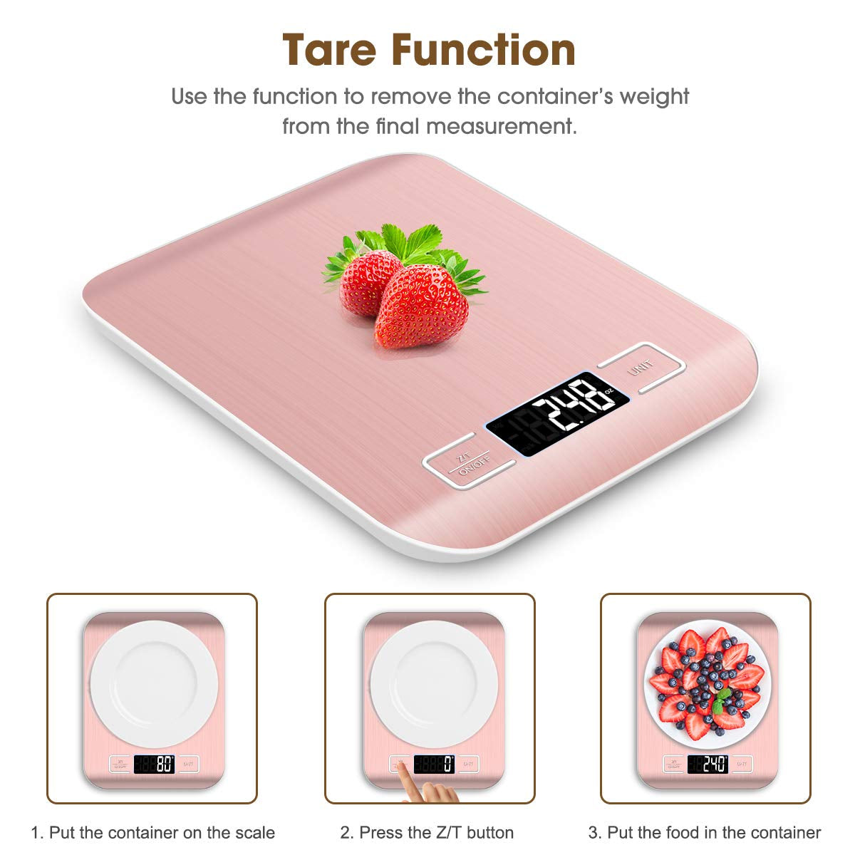 Food Scale Pink, 10Kg/22Lb Digital Kitchen Scale Weight Grams and Oz for Baking and Cooking, 1G/0.1Oz Precise Graduation, Easy Clean Stainless Steel