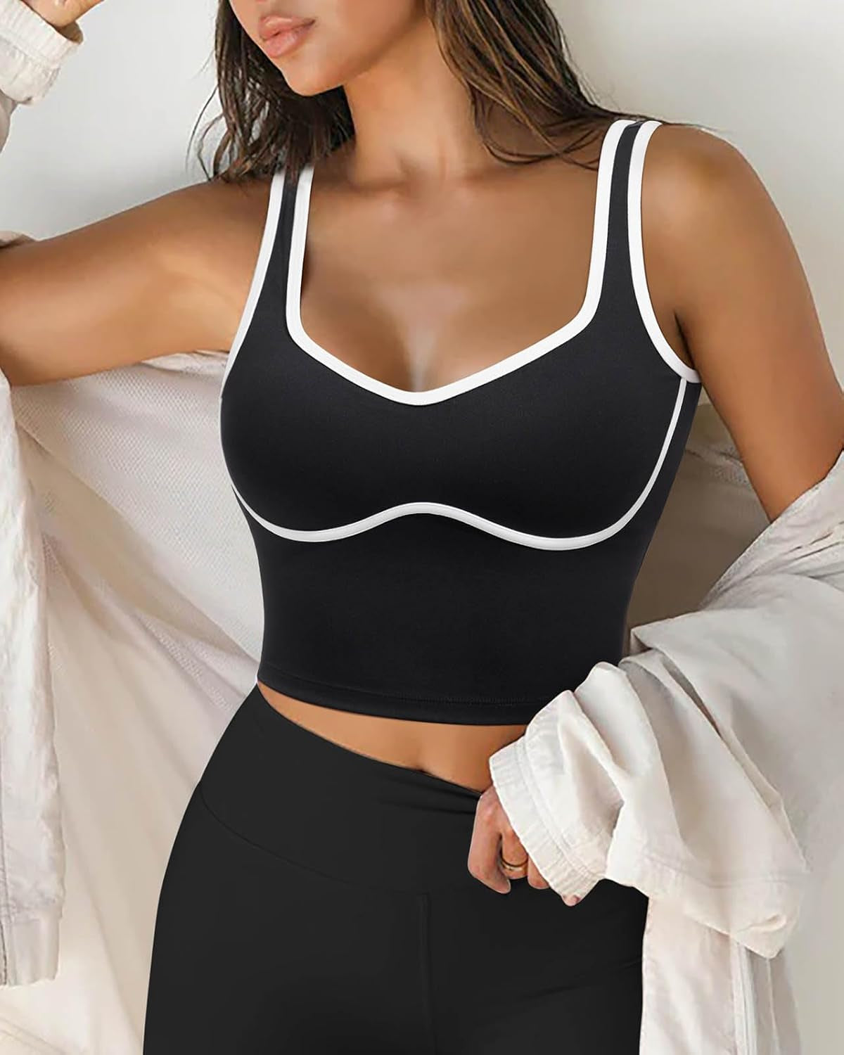 Women Sweetheart Neckline Longline Sports Bra Padded Basic Workout Crop Tank Top